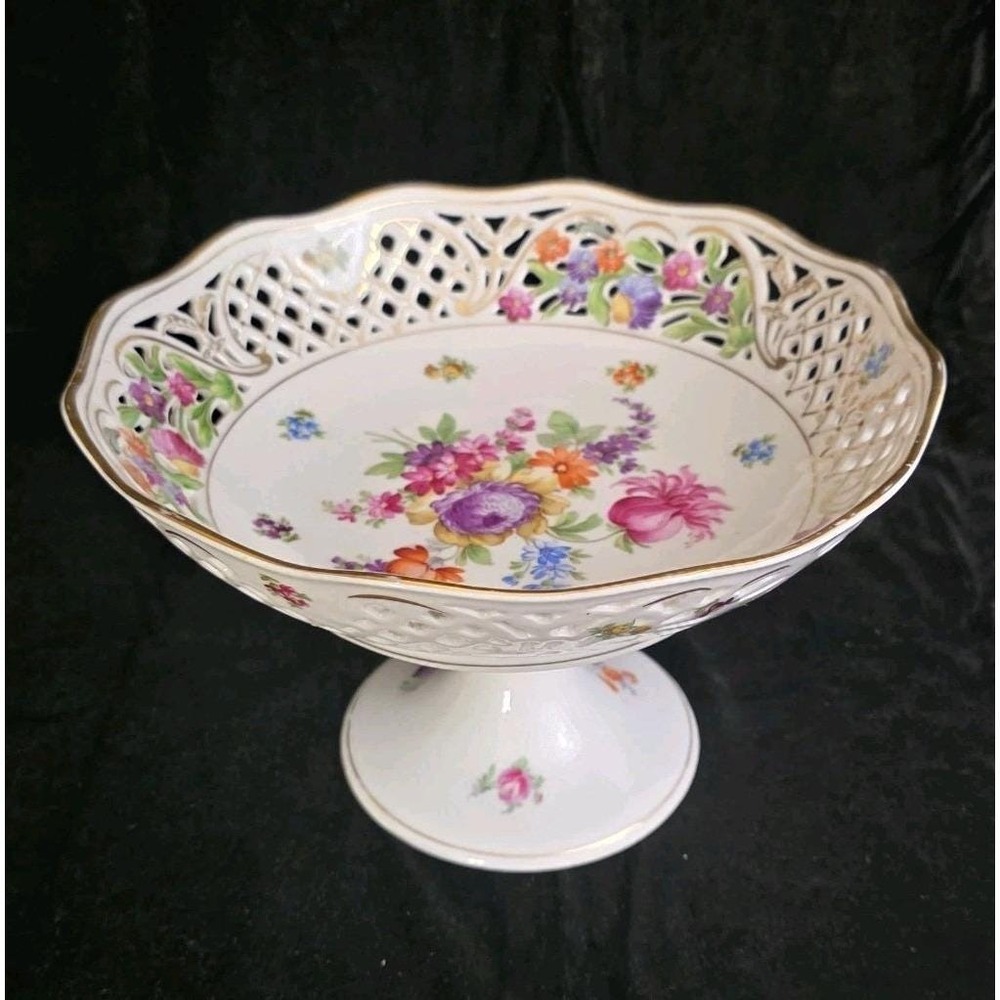 Schumann Bavaria Dresden Reticulated Pierced Porcelain Floral Compote Germany 9"